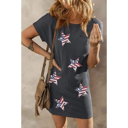 Gray Sequin Flag Stars Ribbed Shift T-shirt Dress