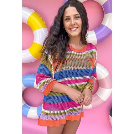 Orange Stripe Colorblock Hollowed Crochet 3/4 Sleeve Sweater