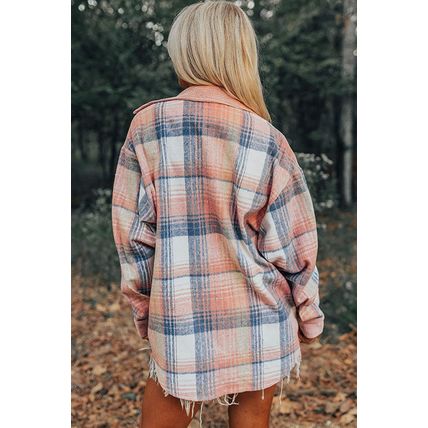Light Pink Plaid Corduroy Patchwork Chest Pocket Shacket