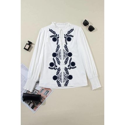 White Floral Embroidered Shirred Sleeve Elegant Shirt