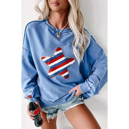 Sky Blue Sequin Trim Embroidered Star USA Pattern Sweatshirt