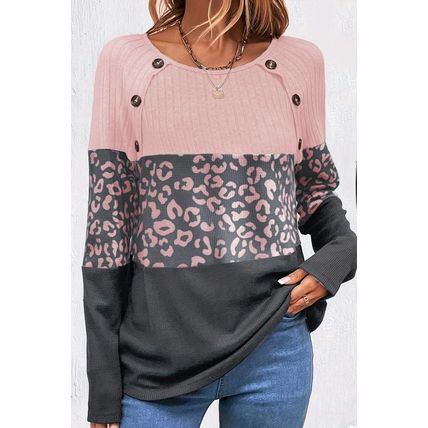 Pink Cheetah Textured Patchwork Buttoned Round Neck T Shirt