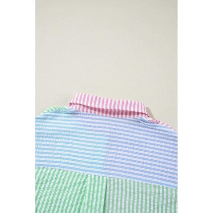 Pink Stripe Color Block Balloon Sleeve Buttoned Loose Fit Shirt