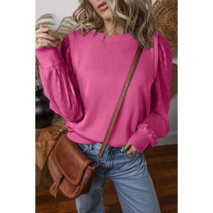 Bright Pink Textured Patchwork Round Neck Sweatshirt