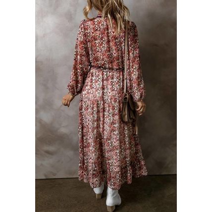 Brown Floral Print Split Front Tiered Frilled V Neck Midi Dress