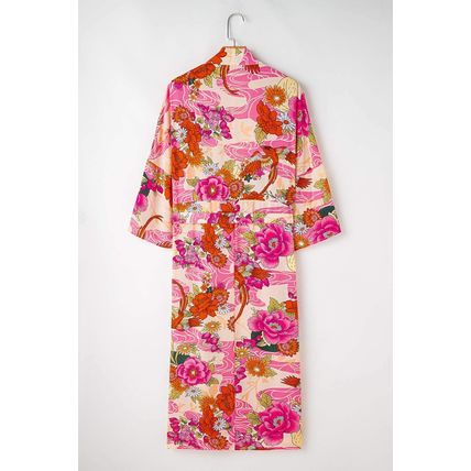 Pink Floral Allover Print Open Front Belted Duster Kimono