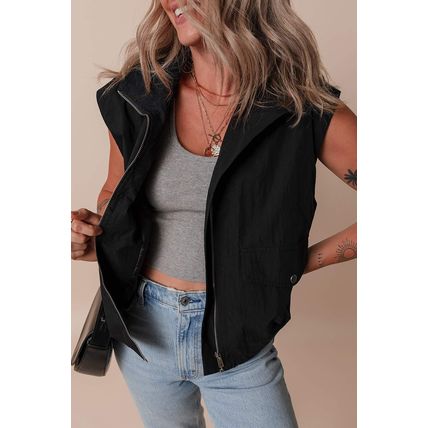 Black Flap Pockets Zip Up High Neck Vest