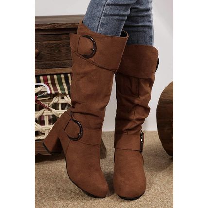 Coffee Suede Double Buckled Side Zipped Mid-calf Boots