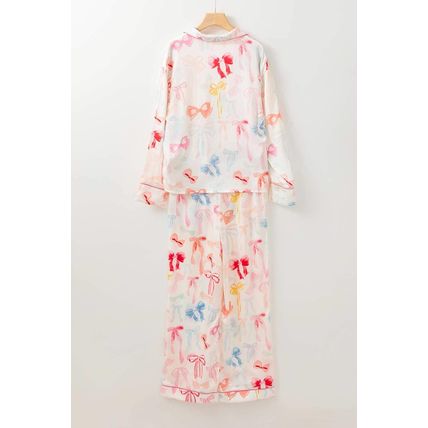 White Bow Knot Print Lapel Collar Wide Leg Satin Pajama Set