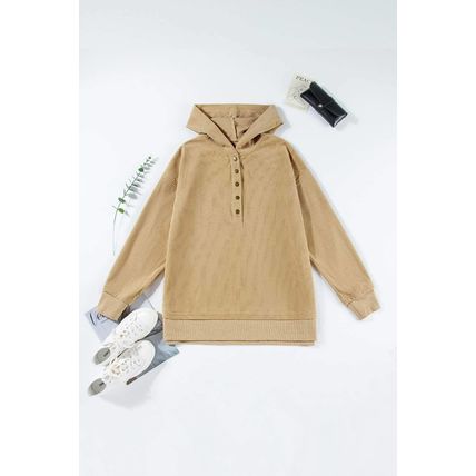 Simply Taupe Solid Ribbed Knit Buttoned Drop Shoulder Oversized Hoodie