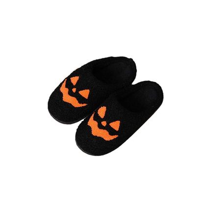 Black Halloween Pumpkin Face Graphic Plush Slippers