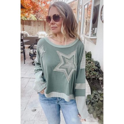 Mist Green Stars Patchwork Round Neck Plus Size T Shirt