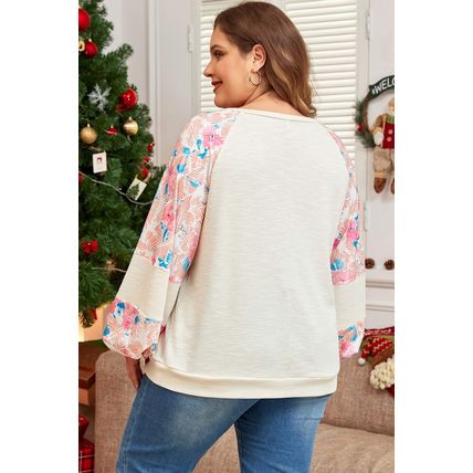 Apricot Plus Size Floral Patchwork Ribbed Puff Sleeve Top