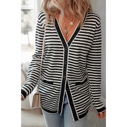 Black Stripe Long Sleeve Button up Tunic Cardigan