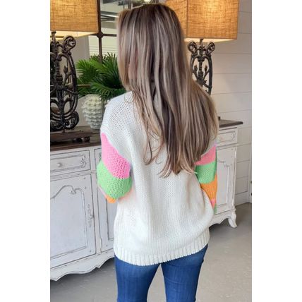 White Flower Graphic Colorblock Sleeve Crew Neck Sweater