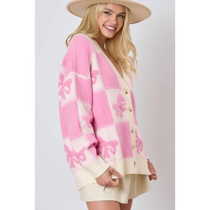 Pink Bowknot Checkered Pattern V Neck Drop Shoulder Button Up Cardigan