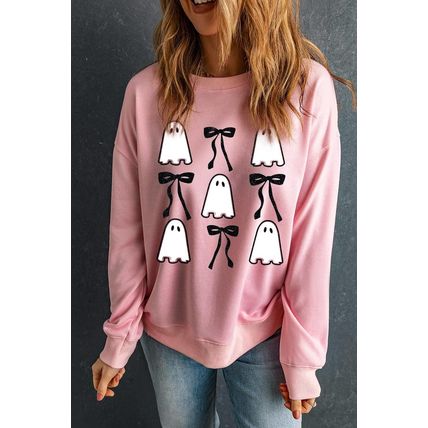 Pink Ghost Bowknot Printed Drop Shoulder Halloween Sweatshirt