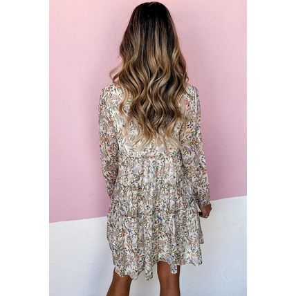 Green Floral Print Tiered Frilled Shirred Mock Neck Mini Dress