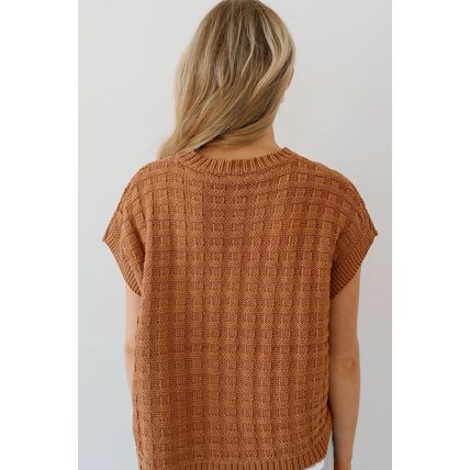 Camel Round Neck Textured Knit Sweater Vest