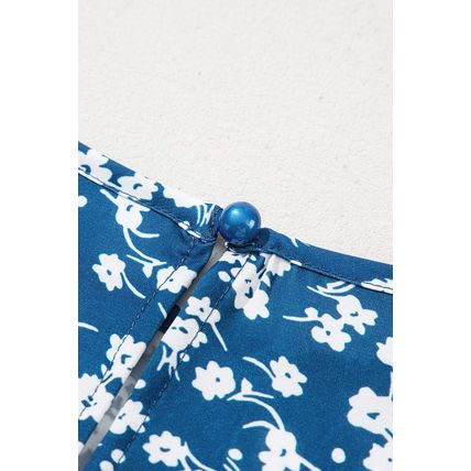 Blue Ditsy Floral Print Lantern Sleeve Blouse