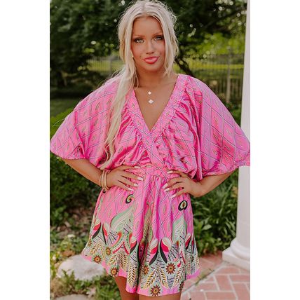 Pink Paisley Geometric Print V Neck High Waist Romper
