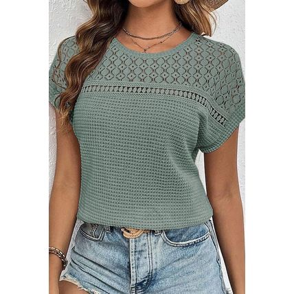 Mist Green Lace Patchwork Waffle Short Sleeve Top