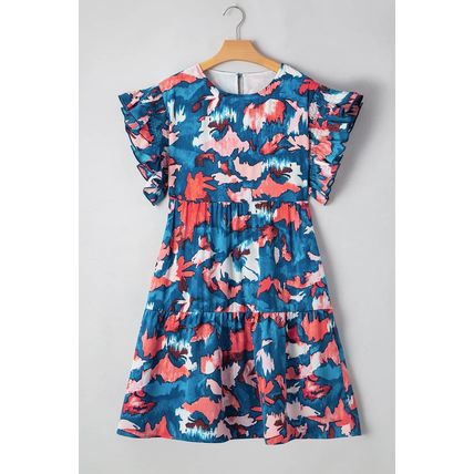 Blue Abstract Print Shirred Ruffled Short Sleeve Tiered Plus Size Mini Dress