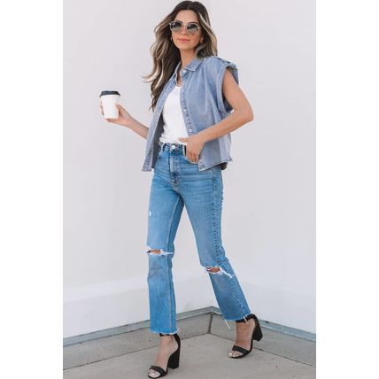 Dusk Blue Denim Pinup Folded Cap Sleeve Shirt