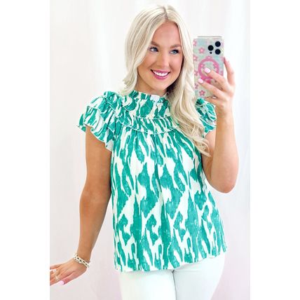 Sky Blue Abstract Print Frilled Crewneck Loose Fit Blouse