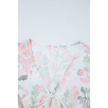 Pink Floral Puff Sleeve V Neck Tied Front Peplum Blouse