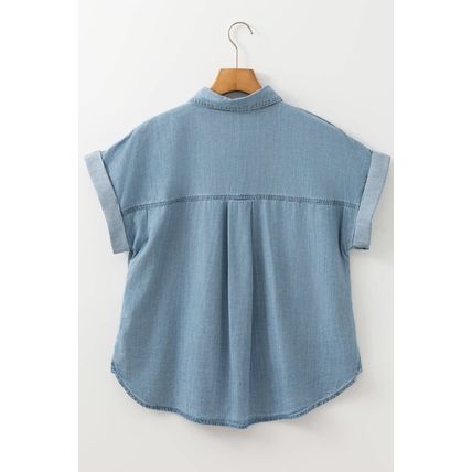 Dusk Blue Folded Short Sleeve Patched Pocket Denim Shirt