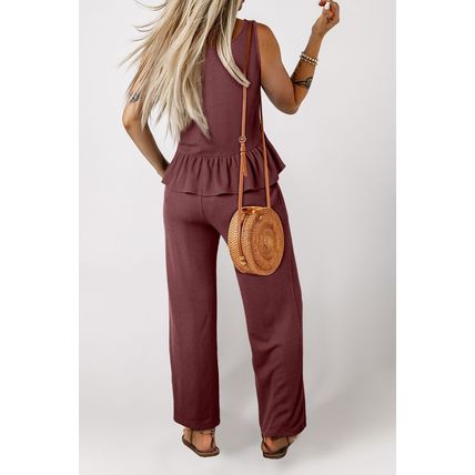 Red Dahlia Solid Color Ribbed Ruffle Tank Top and Pants Set