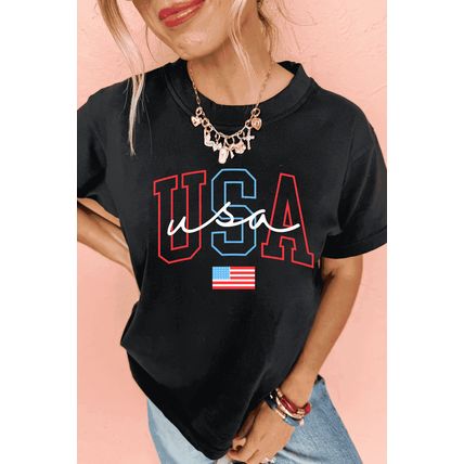 Black USA Letter American Flag Print Casual T Shirt