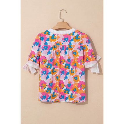 White Floral Colorblock Striped Edge V Neck Knotted Short Sleeve Blouse