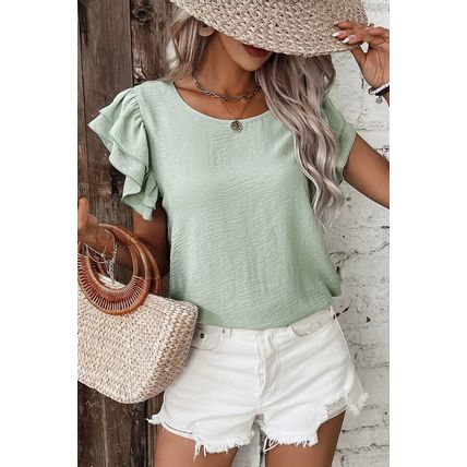Clearly Aqua Solid Color Ruffled Short Sleeve Casual Blouse