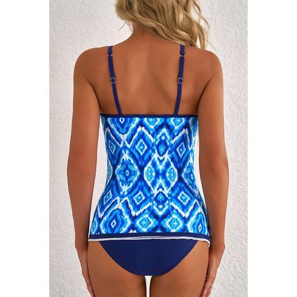 Navy Blue Abstract Print Frilled Trim Spaghetti Straps Tankini Set