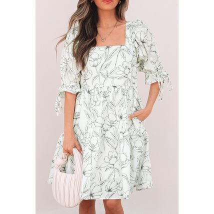 Beige Floral Print Square Neck Shirred Back Puff Sleeve Mini Dress