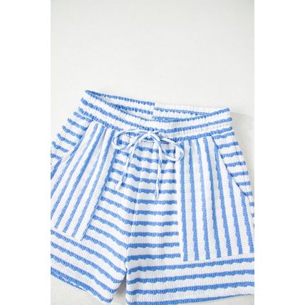 Sky Blue Stripe Knitted Short Sleeve Top and Drawstring Shorts Set