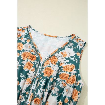 Green Floral Print Trimmed V Neck Tie Waist Sleeveless Holiday Long Dress