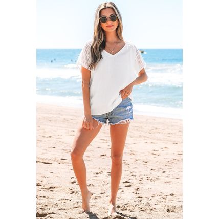 White Lace Crochet Textured Button Back V Neck T Shirt