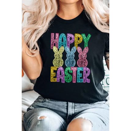 Black Glittering Bunny HAPPY EASTER Graphic T Shirt