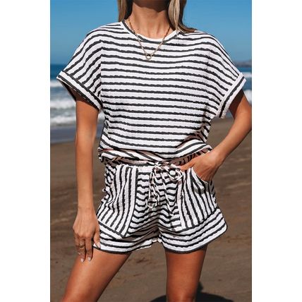 Black Stripe Knitted Short Sleeve Top and Drawstring Shorts Set