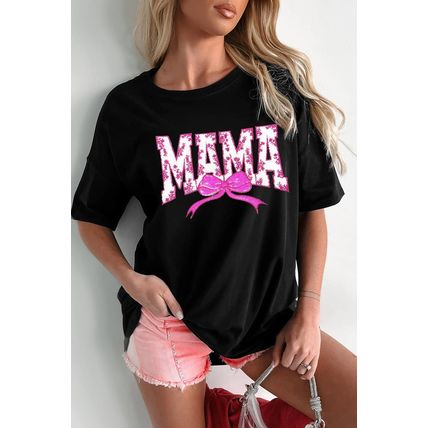 Black Floral MAMA Bow Graphic Crewneck T Shirt