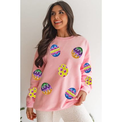 Pink Easter Egg Patched Graphic Drop Shoulder Pullover Sweatshirt