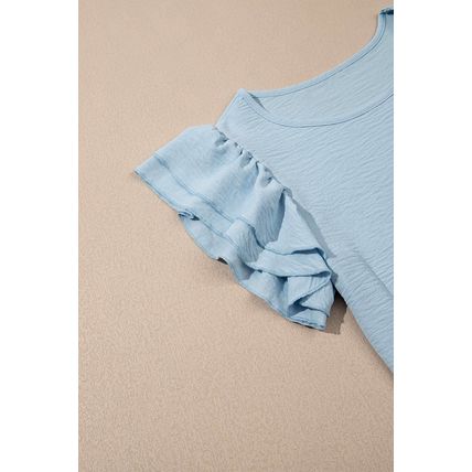 Mist Blue Solid Color Ruffled Short Sleeve Casual Blouse