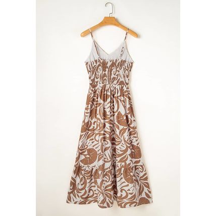 Khaki Floral Shirred High Waist Spaghetti Straps Maxi Dress