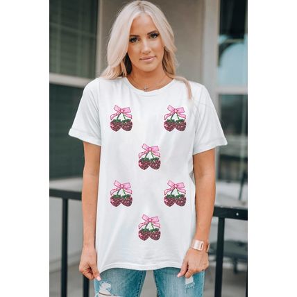 White Sequin Bow Strawberry Graphic Crew Neck T Shirt