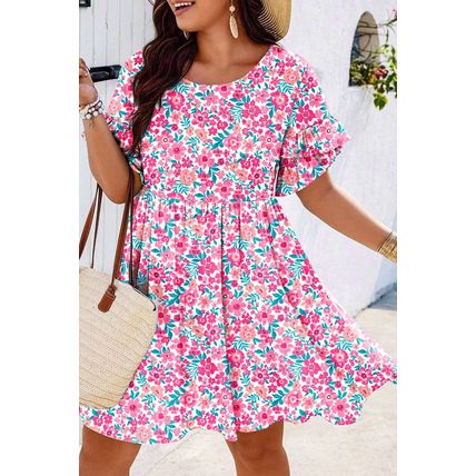White Plus Size Floral Print Frilled Short Sleeve Flare Dress