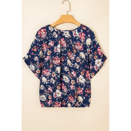 Blue Floral Short Sleeve Scoop Neck Casual Blouse