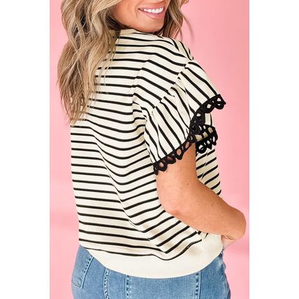 Black Stripe Eyelet Trimmed Ruffled Short Sleeve Plus Size Top